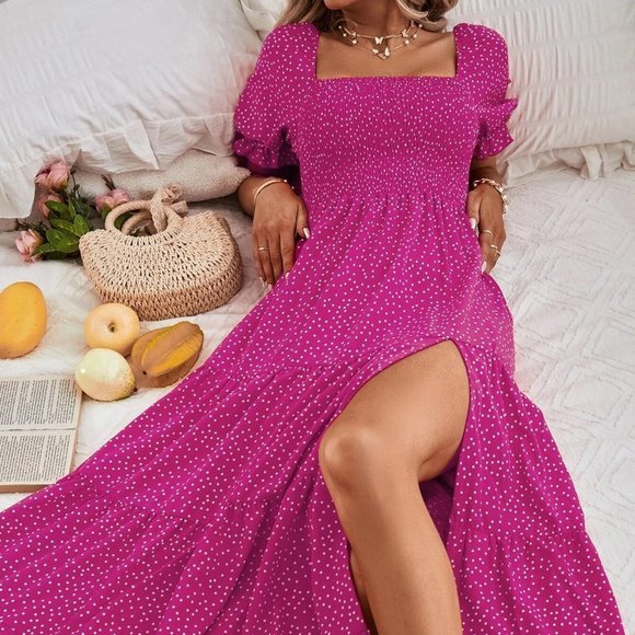 Hot Pink Boho Womens bPolka Dot Shirred Puff Sleeve Split Thigh Ruffle Hem Dress - Picture 5 of 5